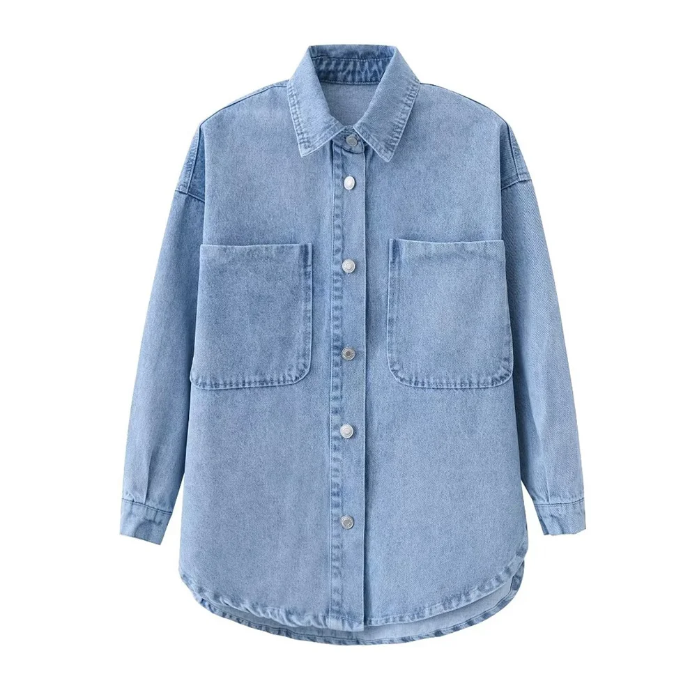 

European and American style women's clothing French niche loose fitting pocket long sleeved denim shirt top