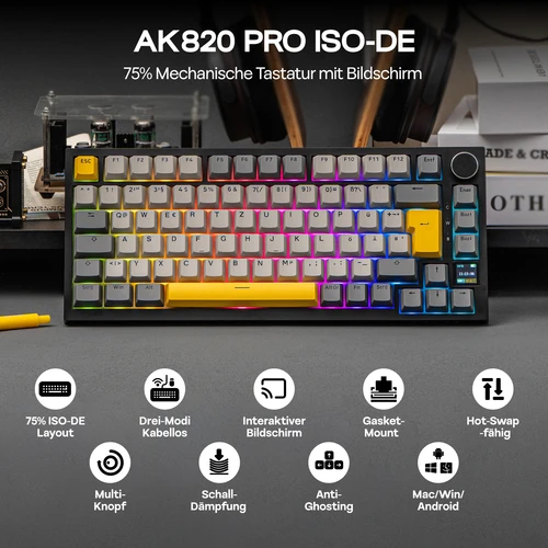 Imagen 2 del producto Teclado Mecánico AJAZZ AK820 PRO 75% QWERTZ con Diseño Alemán ISO-DE, Inalámbrico Tri-Modo con Pantalla TFT, NKRO RGB