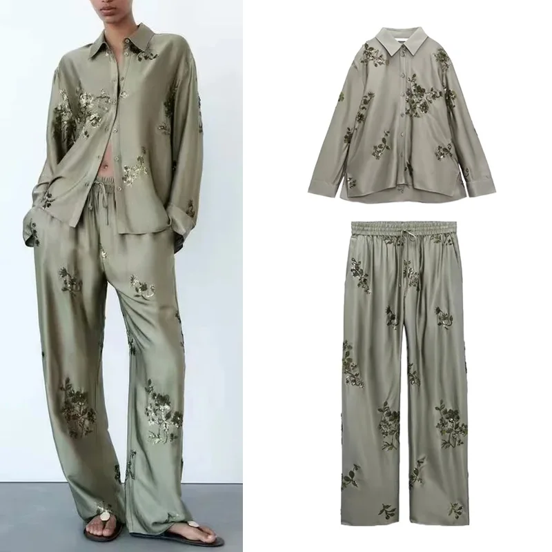 

Шелковый атлас, модные брюки с высокой талией, женский комплект, весна-лето-осень, хлопковая ткань, одежда на четыре сезона