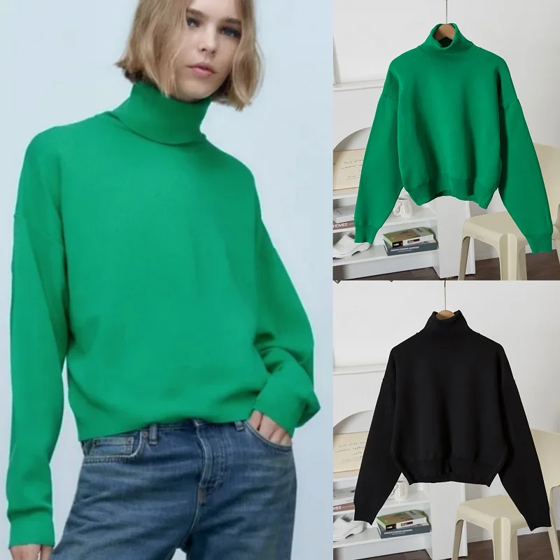 

Американский коврик, однотонный длинный эластичный трикотаж с воротником свека, женский осенне-зимний внутренний свитер, топ