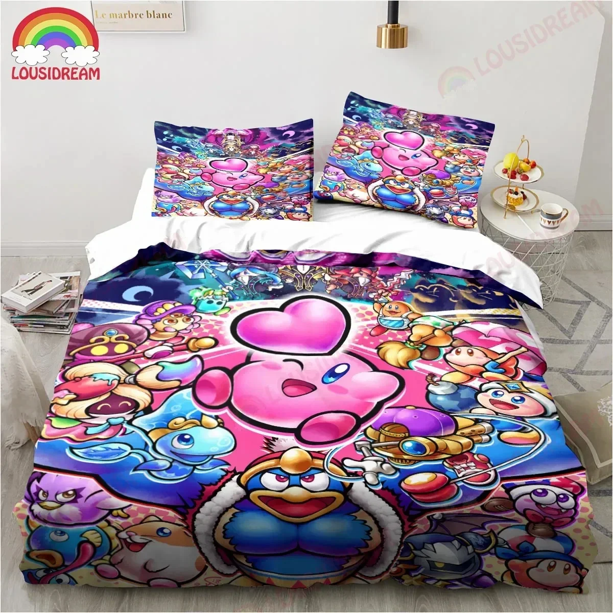 Kawaii Kirbys Cute Pink Bedding Set Sheet King Twin Double Child Bedding Set Mircofiber or Polyester Duvet Cover 2/3pcs bedding