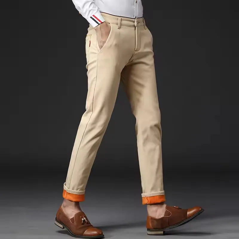 

Winter Men Korean Fashion Straight Leg Pants Winter Snow Warm Thermal Thicken Casual Pants New Fleece Slim Fit Business Trousers