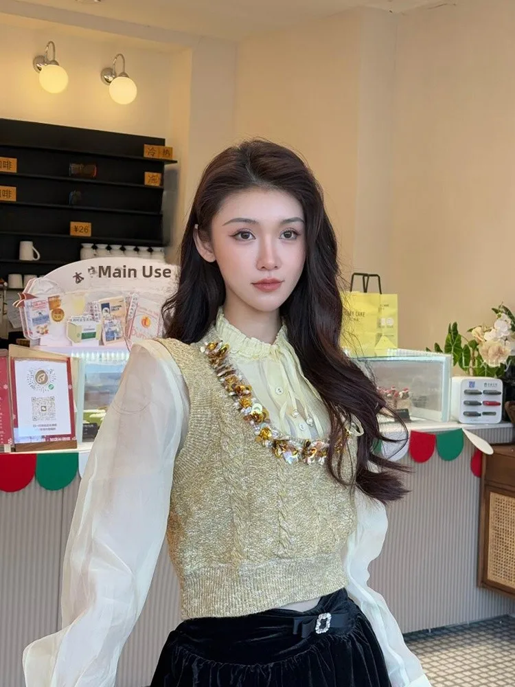 

High-End Knitted ort Vest Women's Faion U-Ne Sequin Korean Sle Age-Defng Versatile Autumn Winter New Arrival
