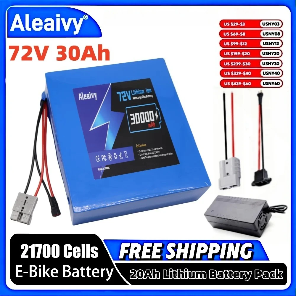 

Aleaviy 72V 20Ah 30Ah 21700 Lithium Battery Pack 20000mAh with built-in BMS 0-3500W motor high-power rechargeable battery