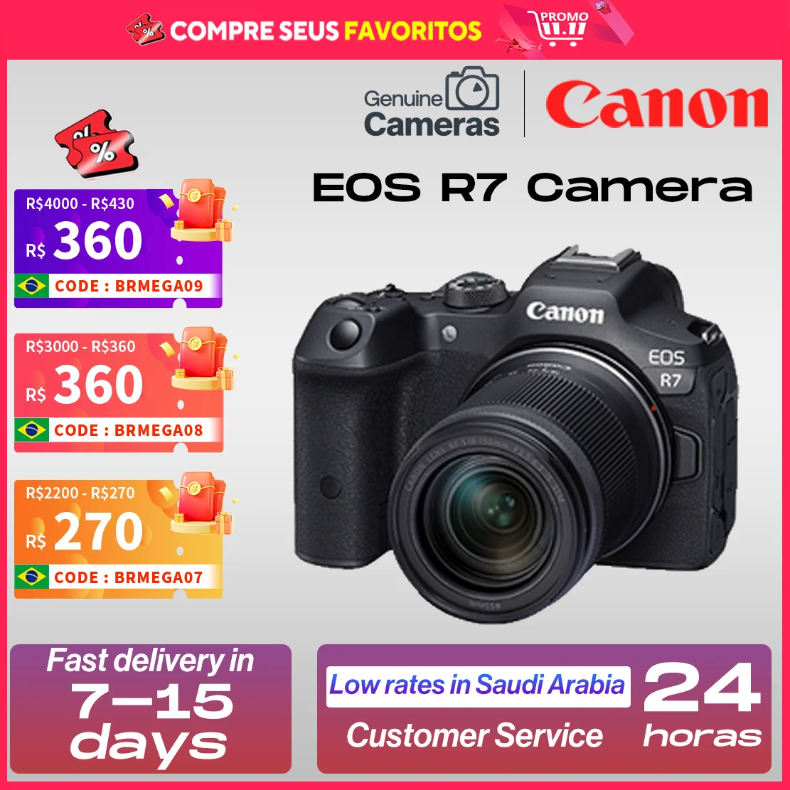 【Do Brasil】كاميرا Canon EOS R7 الرقمية بدون مرآة - APS-C الرائد الاحترافي عالي السرعة للتصوير المستمر فيديو بدقة 4K