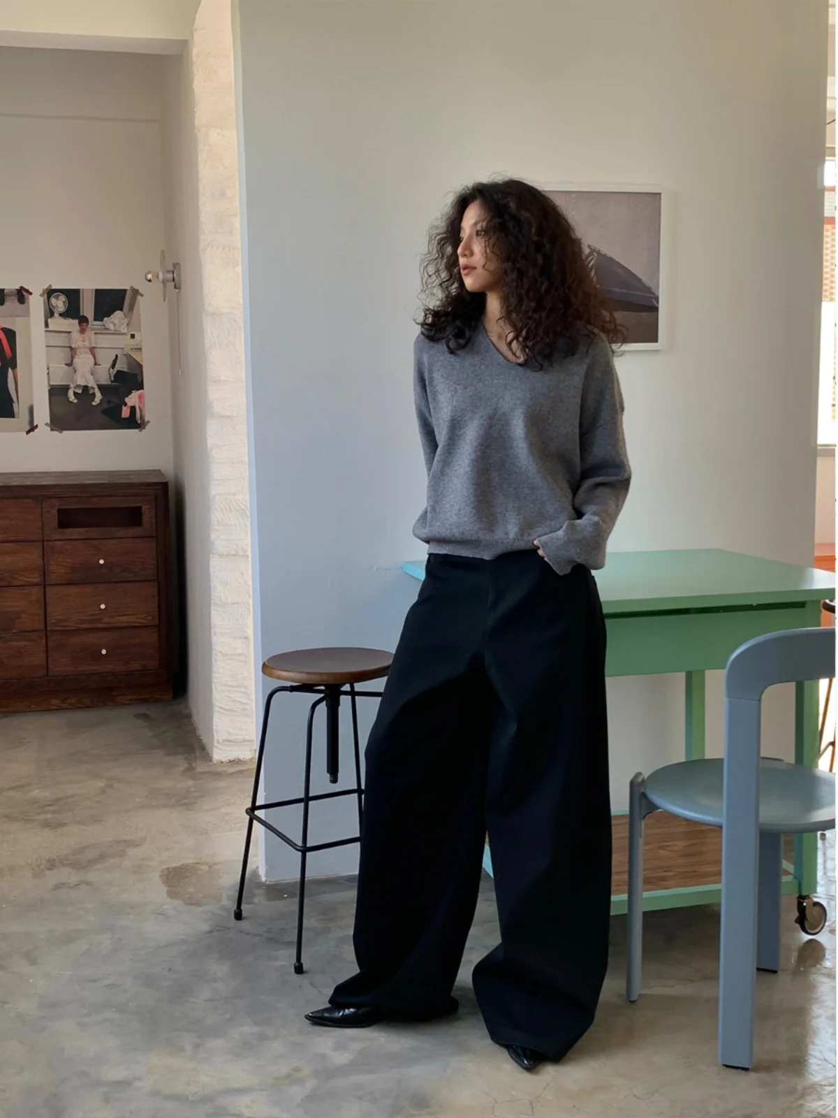 Black High Waist Wide Leg Casual Pants Women's Autumn Suspenders Slimming Suit Pants GOGO BURN Commute Style Other Material
