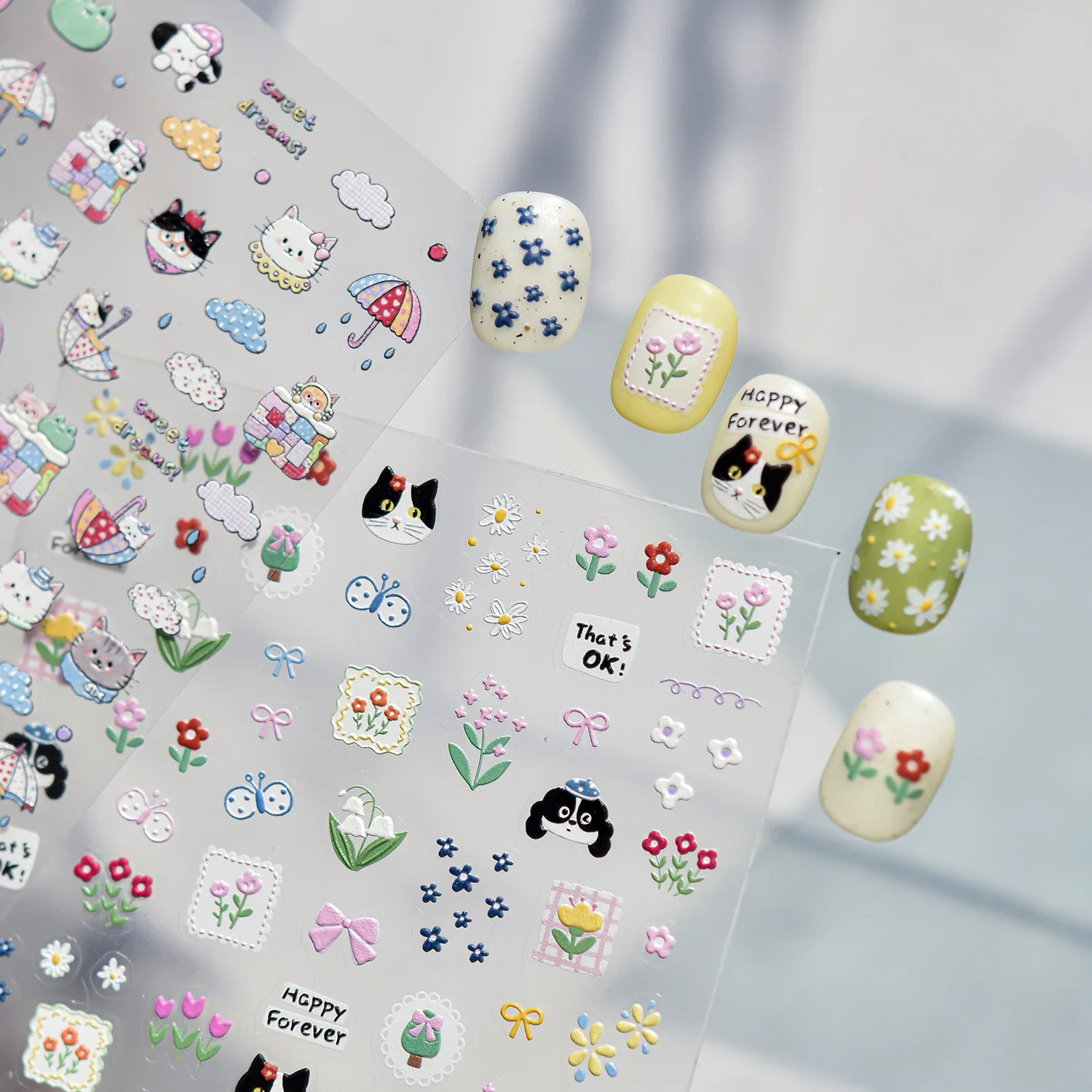 

5D Embossed Nail Stickers Lovely Cat Rainy Umbrella Quilt Colorful Flower Sweet Dream Nail Art Sticker Manicure Decorati Decals