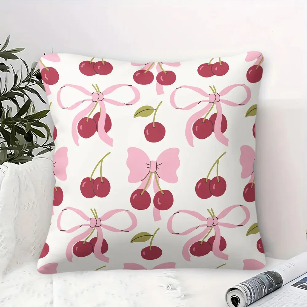 Cherry Bow Print Throw Pillow Aesthetic Fruit Cushion High Definition Digital Print Soft Decorative Pillow for Sofa Home