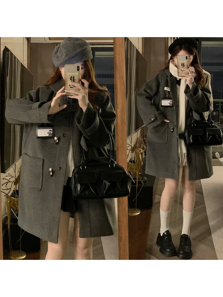 

Thiened Winter Coat Women's Korean Sle Straight Cut Long Sve Woolen Coat with Hat Autumn Winter New Arrival Small Size