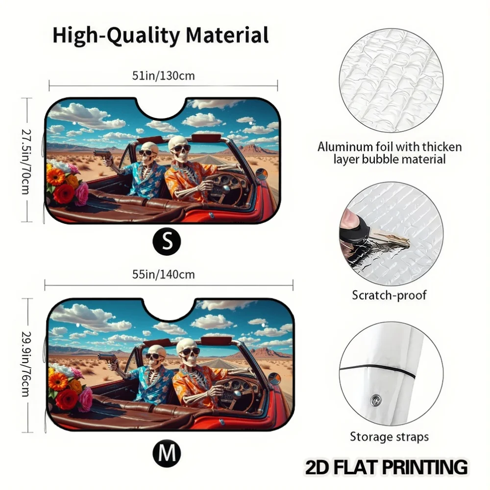 2D Flat Printing, 1pc Skeletons Driving Convertible Pattern Car Windshield Sunshade, Foldable Sun Visor For Front Windshield, Ke
