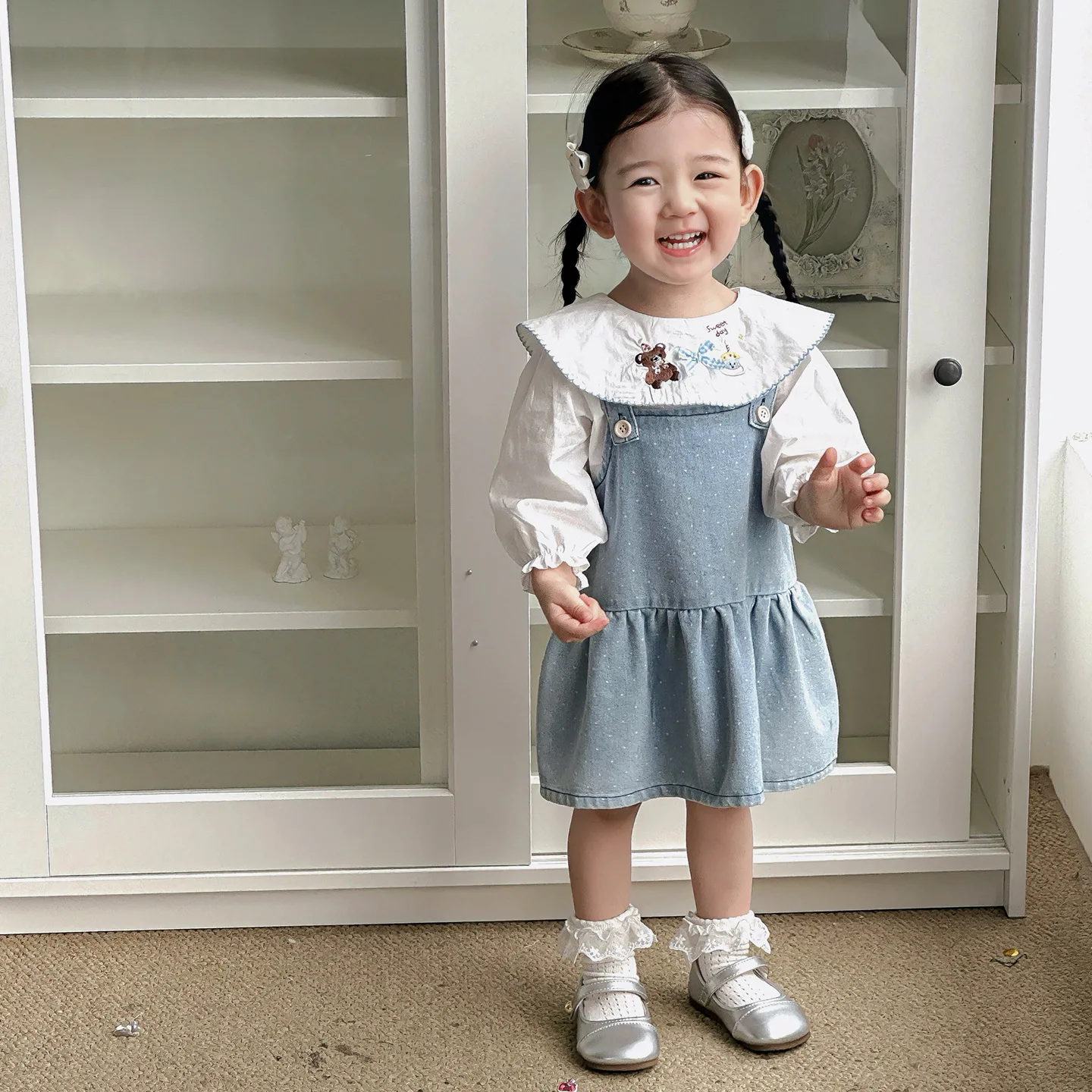 

Осенний комплект из двух предметов для маленьких девочек, воротник Питера Пэна с бантом, топ для новорожденных девочек, джинсовый топ в горошек для маленьких девочек, платье-рюкзак