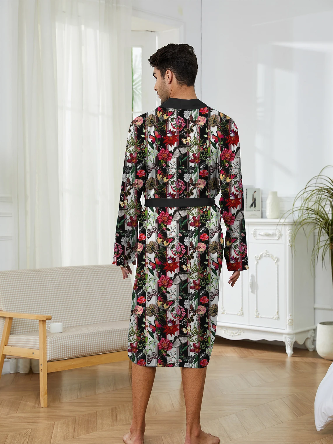 

Весенне-осенний мужской быстросохнущий длинный халат, домашний повседневный спальный халат с цифровым принтом бабочки и цветочным узором, забавный длинный халат