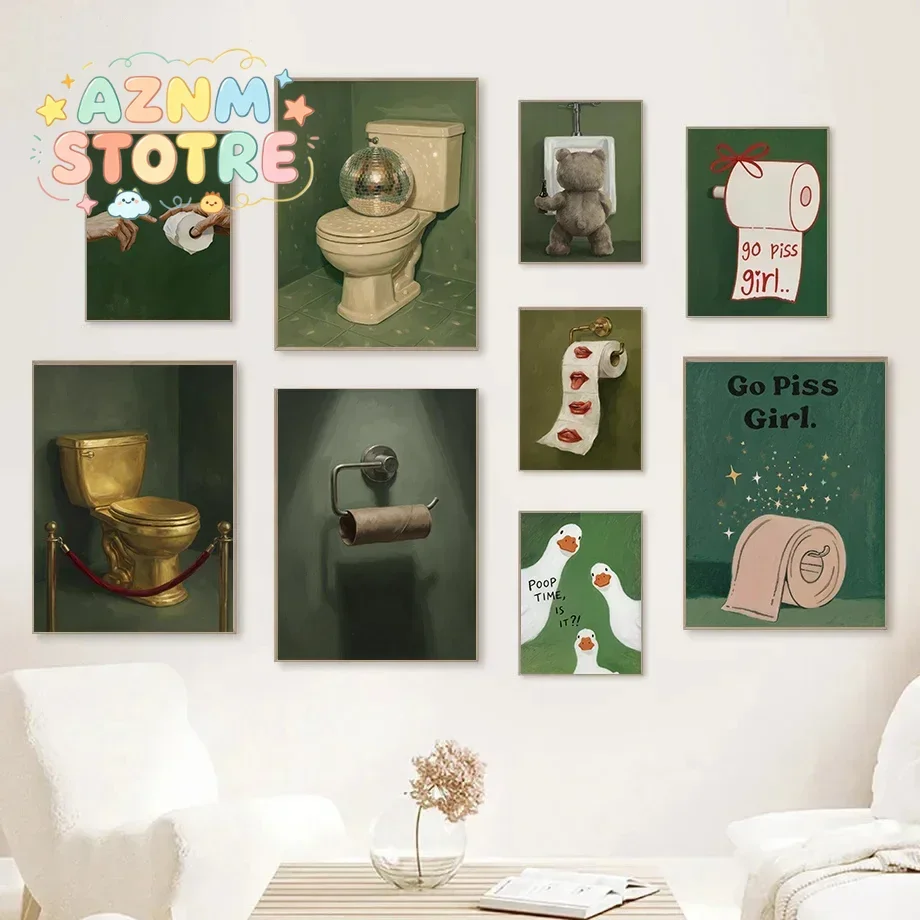 (No frame)1pcsHumorous Luxe Bathroom Poster Empty Toilet Paper Red Lips Funny Teddy Bear Prints Canvas Painting Wall Pictures
