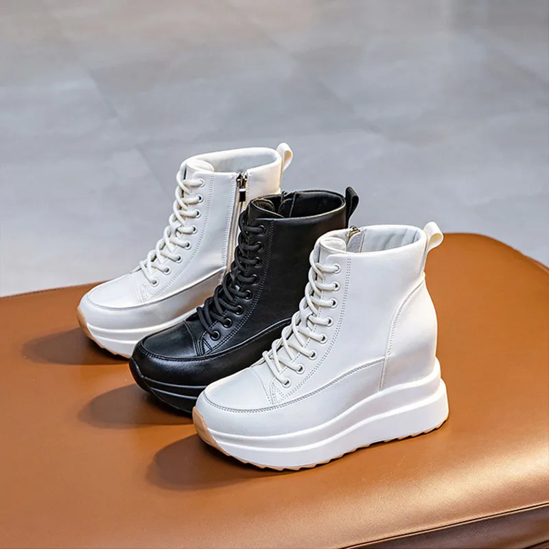 XMWRLW جلد طبيعي النساء أحذية الخريف كعب مخفي أبيض أسود أحذية رياضية للنساء حذاء كاجوال ربيع الخريف أحذية رياضية #4