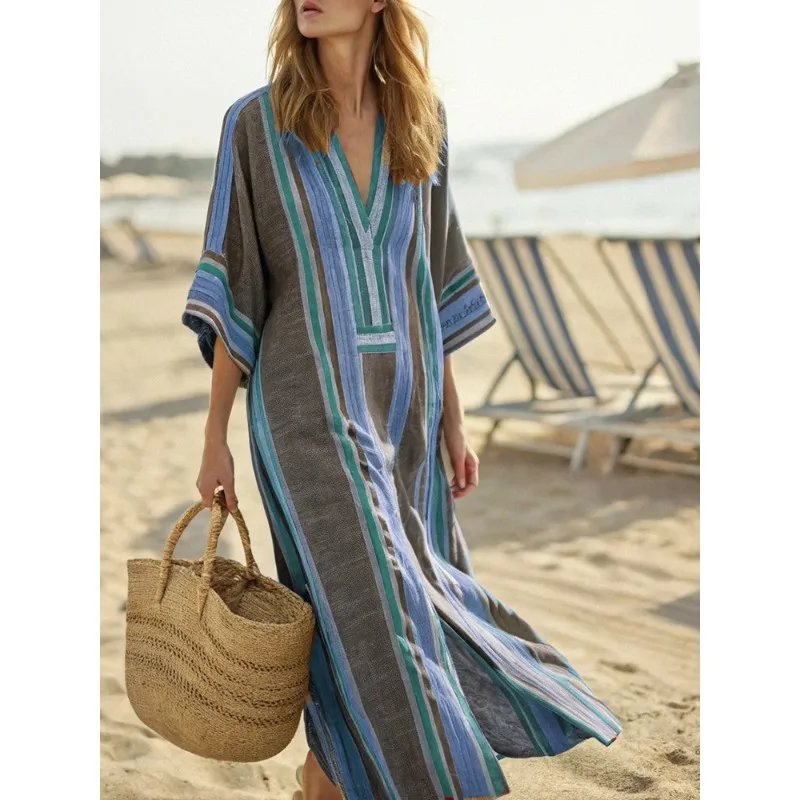 New Women's Casual Long-sleeved V-neck Digital Printed Women's Loose Color Blocking Dress