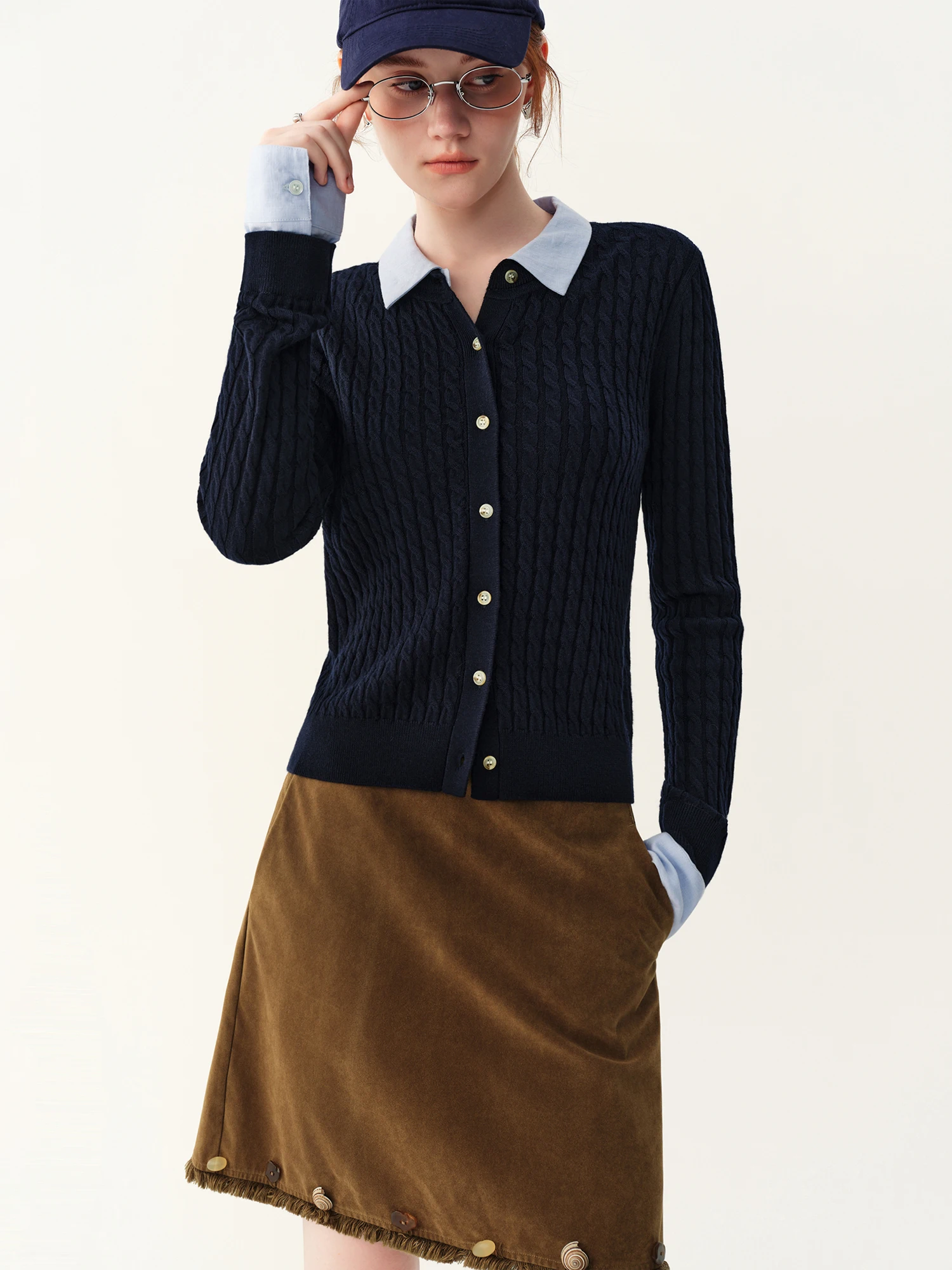 FSLE Navy Blue Faux Two‑Piece Retro Wool Knit Cardigan 2026 Winter New Polo Collar Long‑Sleeve Chic Versatile Ladies Knit Top