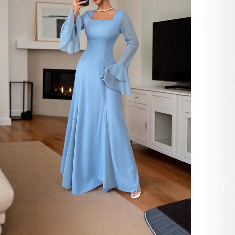Elegant Party Wedding Guest Dress Off Shoulder Long Sleeve Dresses Light Blue Maxi Dress Floor Length Evening Dress Formal