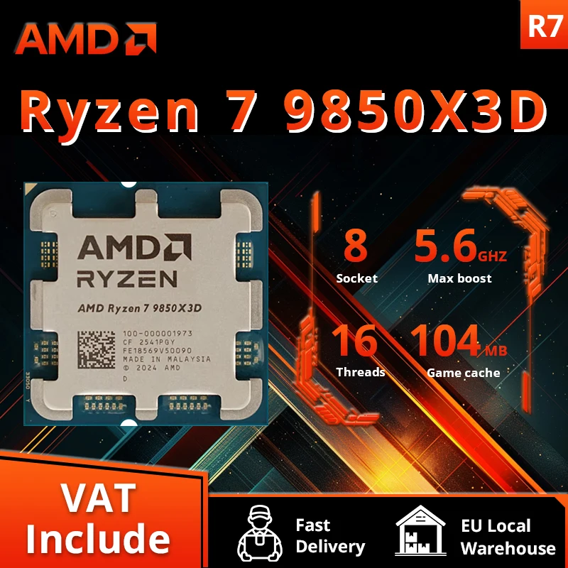 Processeur AMD Ryzen 7 9850X3D 8 cœurs 16 threads 120W Socket AM5 DDR5 4,7 GHz L3=96M 4NM R7 9850X3D sans refroidisseur