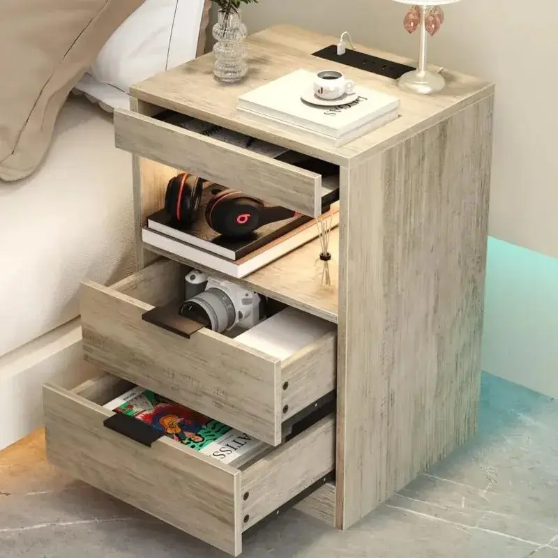 Gadroad Nightstand with 2 Drawers and Lights, End Table with Charging Station, Modern Bedside Table with One Pull-Out Shelf