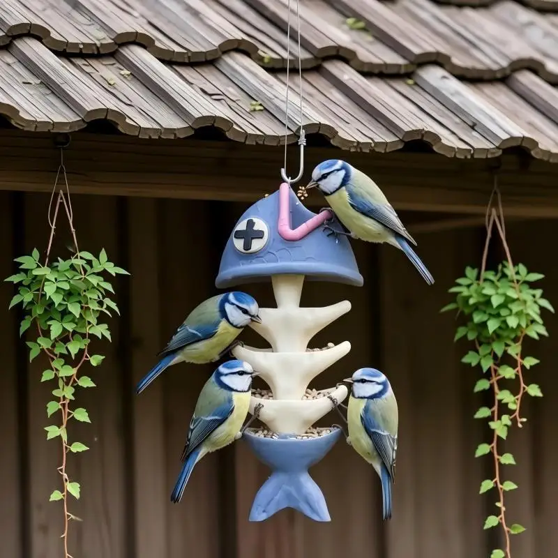 Fish Skeleton Weatherproof Hanging Bird Feeder with Multi-Tier Feeding Slots,Ideal for Wild Bird Watching & Backyard Decoration