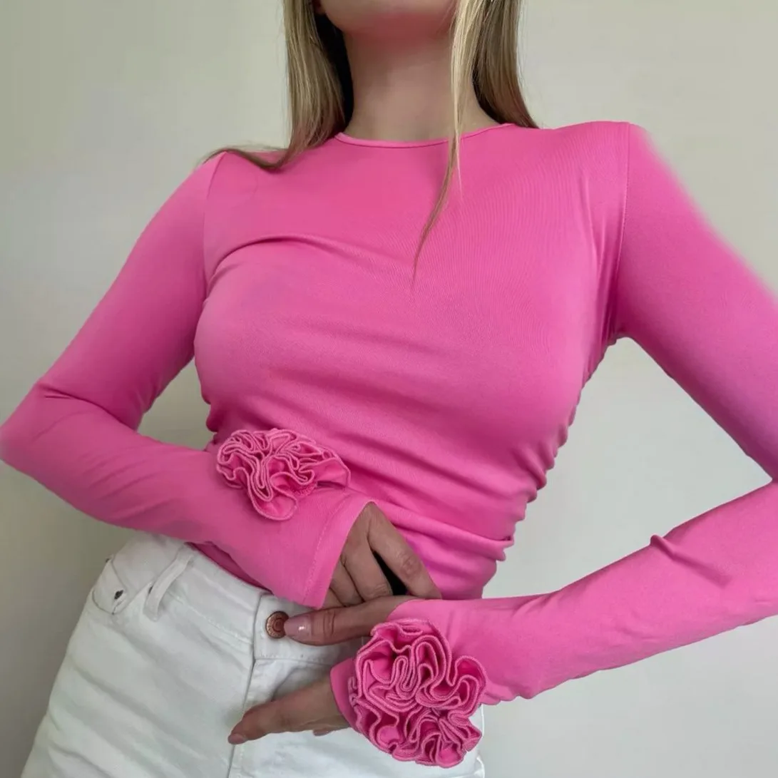 

Women's Sweet Baddie Bright Pink Top Vertical Ribbed Stretchy Knit Crew Neck Long Sleeve Cuff Flower Fitted Dating Casual Top