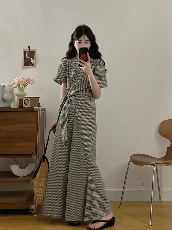 

Женское летнее платье больших размеров, приталенное, А-силуэта, с высокой талией, коротким рукавом, в клетку, в корейском стиле, для повседневной носки, модное.
