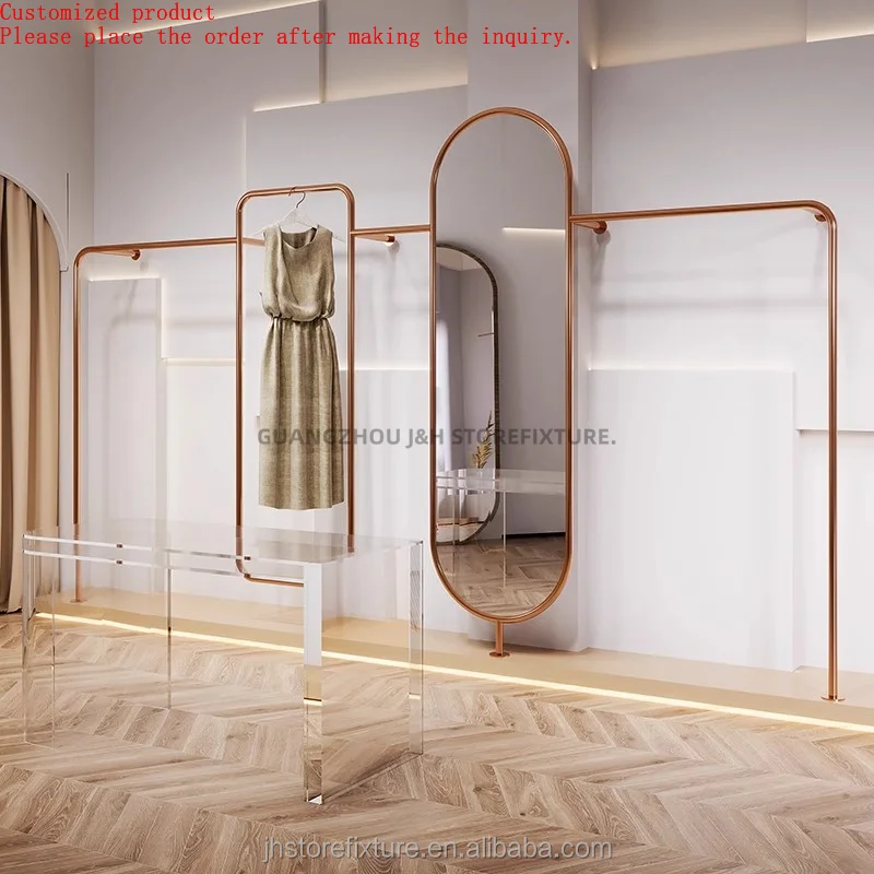 

Wall-mounted Clothing Store Display Shelves Stainless Steel Hanger for Woman Clothes Gold Cloths Rack with Mirror