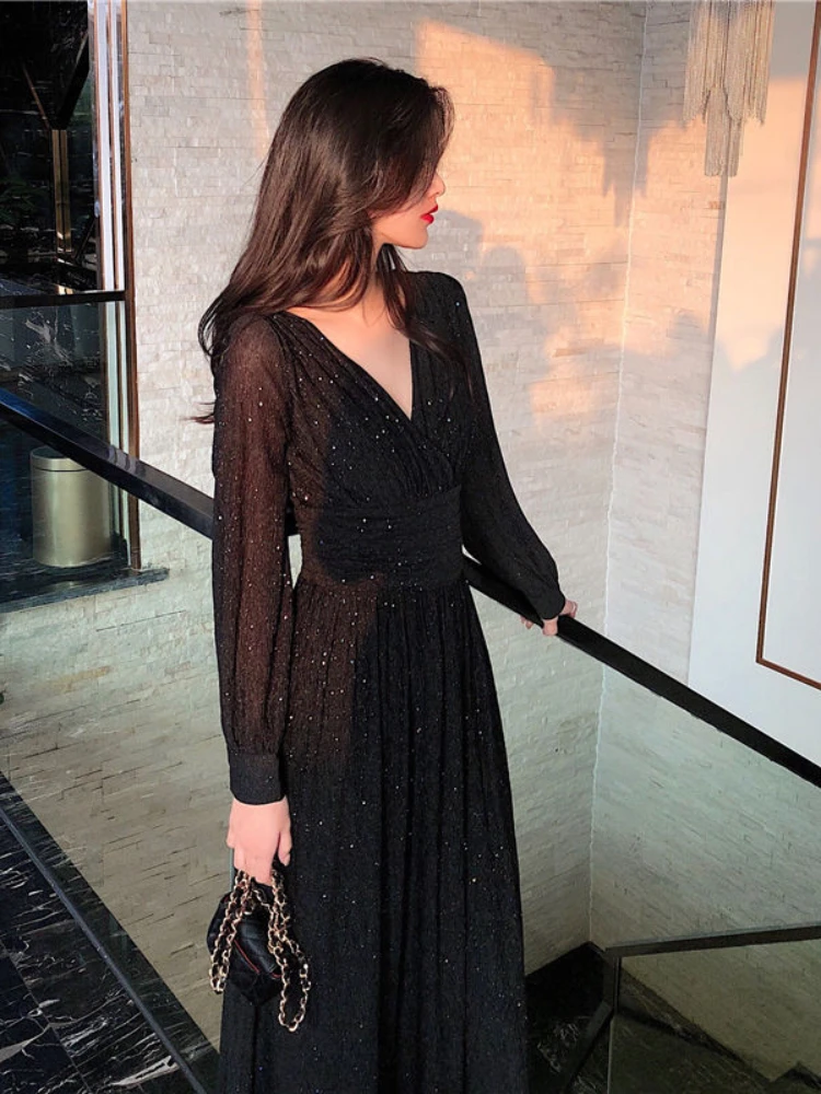 Summer Fashion Women\'s Dress Glittering Sequin Design Feeling Waist Crimping Temperament Long Sleeved Skirt Slim Dress