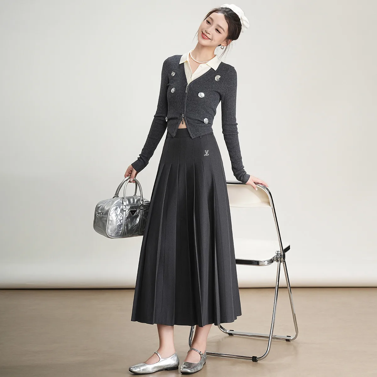 LOUISYAO Simple Embroidered Pleated Skirt 2025 Autumn Women Elegant Solid Color Textured A Line Midi Long Skirt