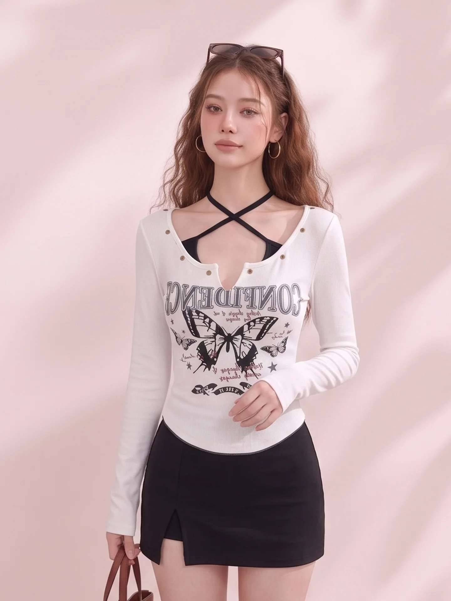 Retro American Hot Girl  Print Long Sleeve T-Shirt Women's Autumn New Style Shoulder Bared Waist Slimming Top Trendy