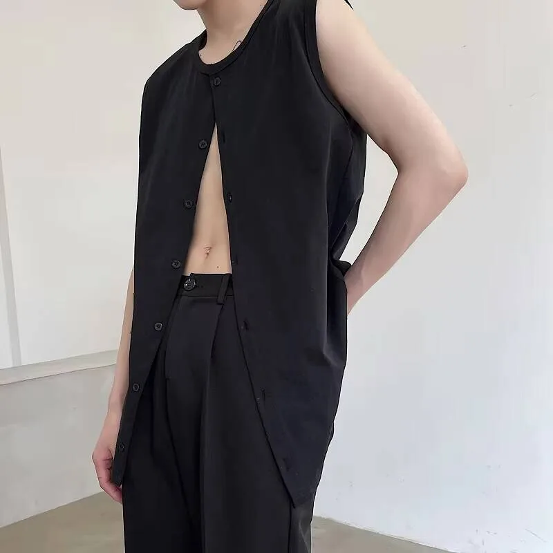 Round Neck Sleeveless Round Summer Cardigan Men's Neck Single Breasted Plain Color Vest Simple Large T-Shirt