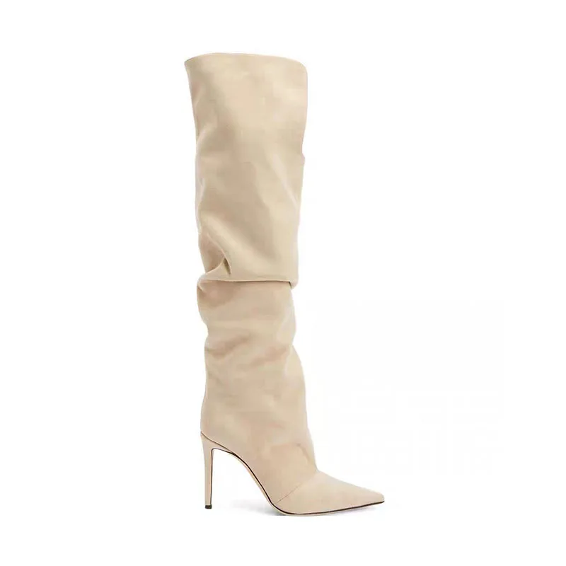 Arden Furtado Beige suede Stiletto heels Over the knee boots Pointed toe Slip-on High-heeled Pleated Slouchy  Ruched boots 45