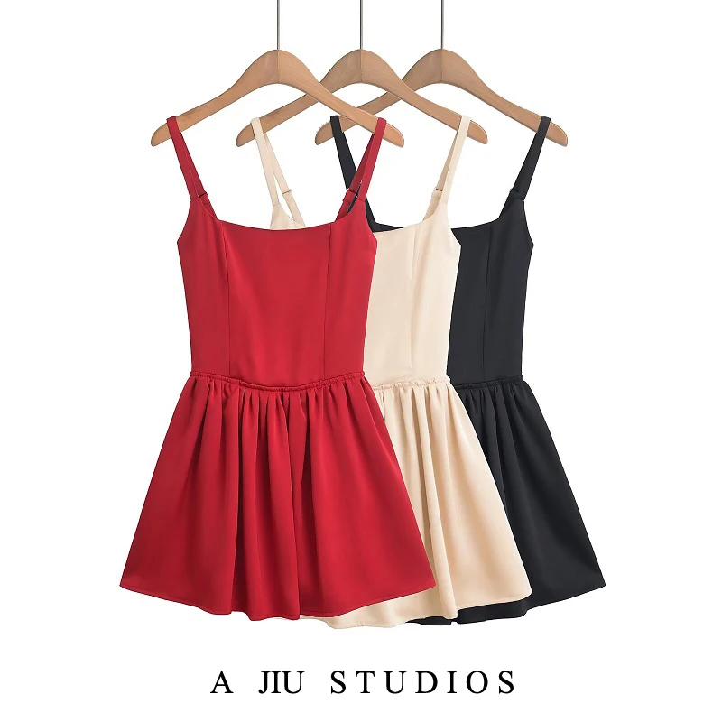 

Red Sexy Strapl ter Dr Women's Summer Slimming ort Skirt High Waist Pure Color Retro Square Collar Casual Dres