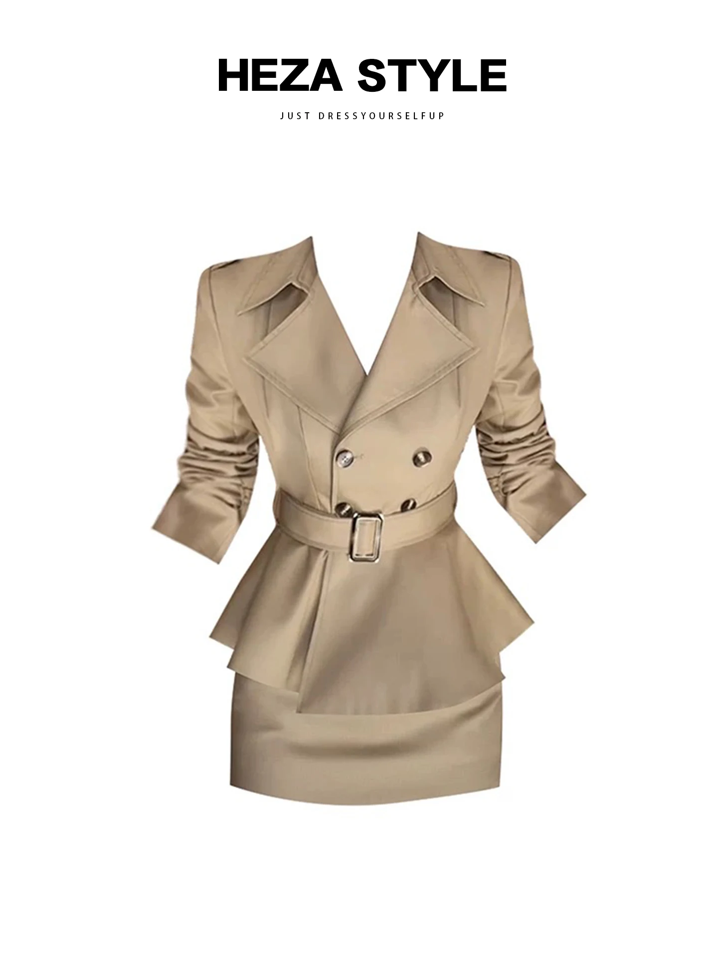 

HEZA High Waist Slimming Windbreaker Women's Double Breasted Belted Coat Skirt Set Commute Faion plus Size Autumn Ensemble