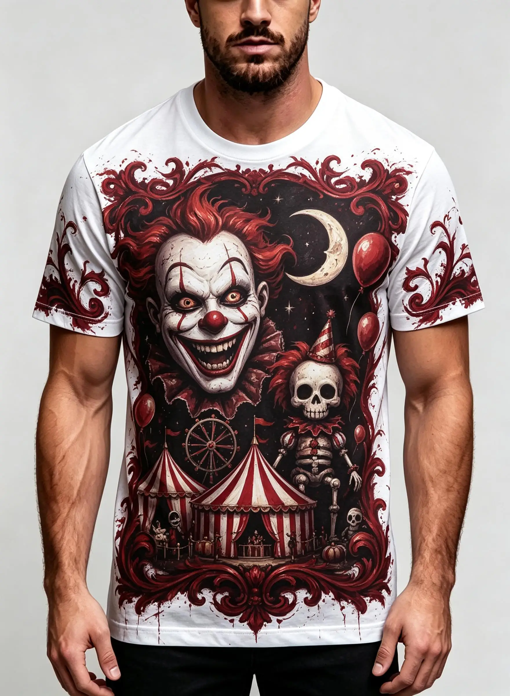 Men Crew Neck Short Sleeve T-shirt, Halloween Evil Clown Circus Skeleton Print Casual Summer Tee