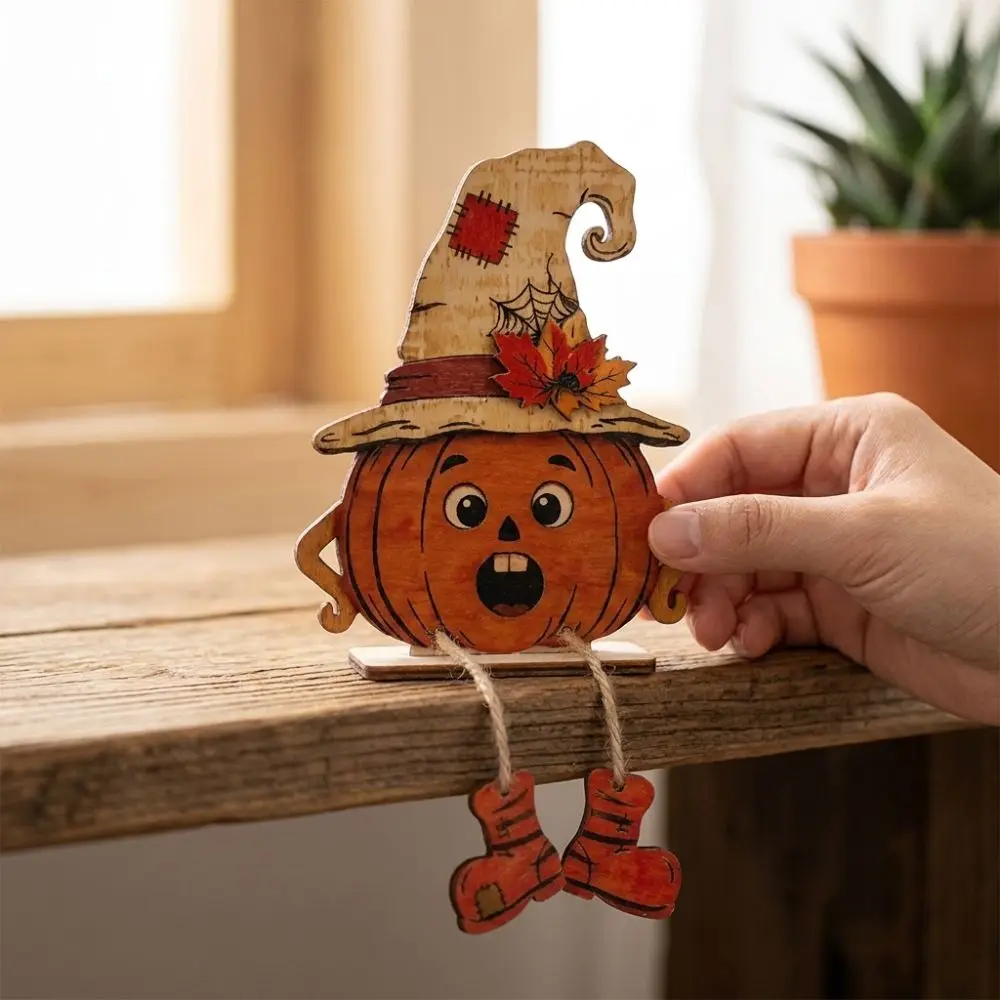3Pcs 2D Flat Pumpkin-Shaped Wooden Ornaments Vintage Pastoral Halloween Pumpkin Figurine with Legs Harvest Theme
