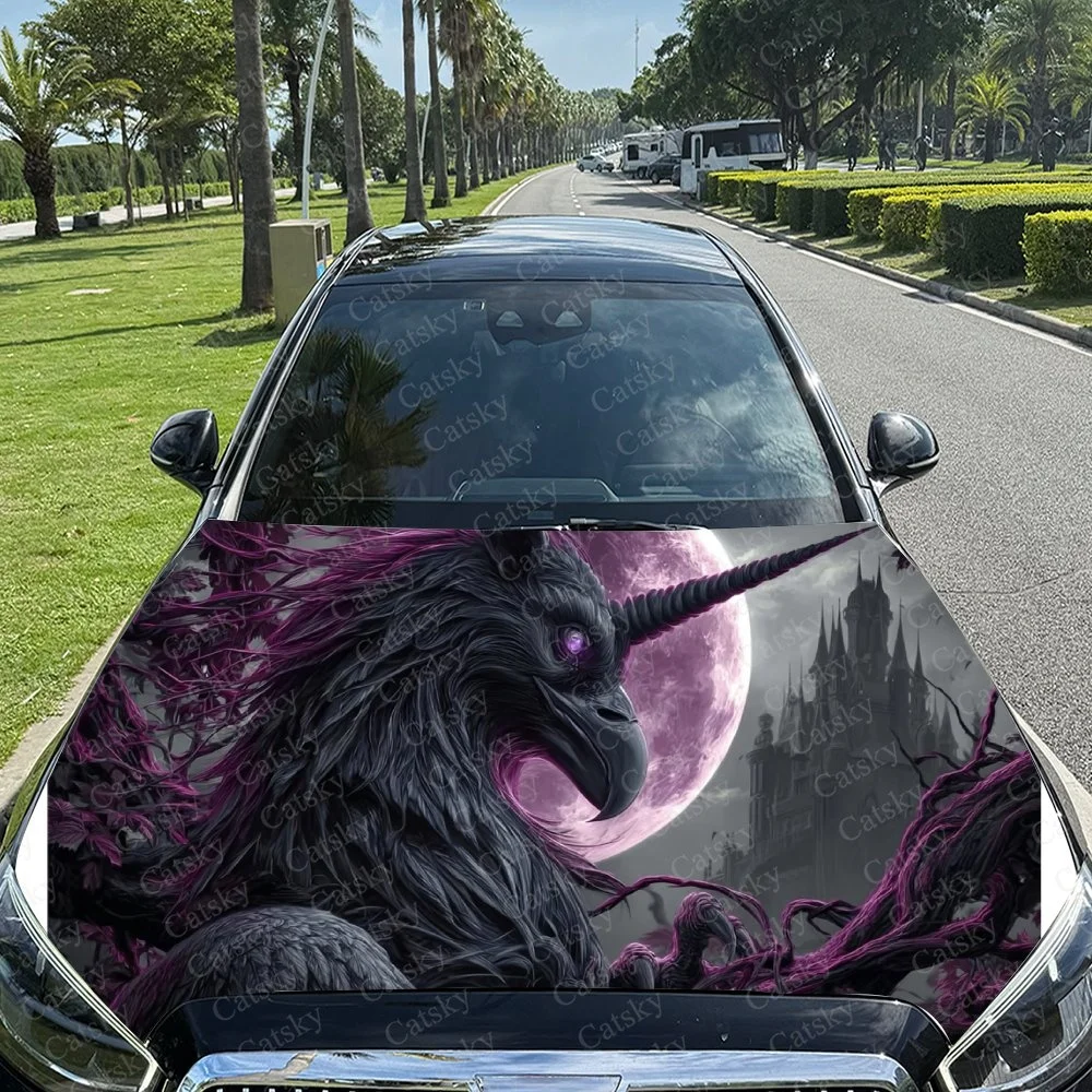 

A striking car hood wrap featuring a dark, mythical creature with purple accents and a glowing pink moon backdrop. Perfect for u