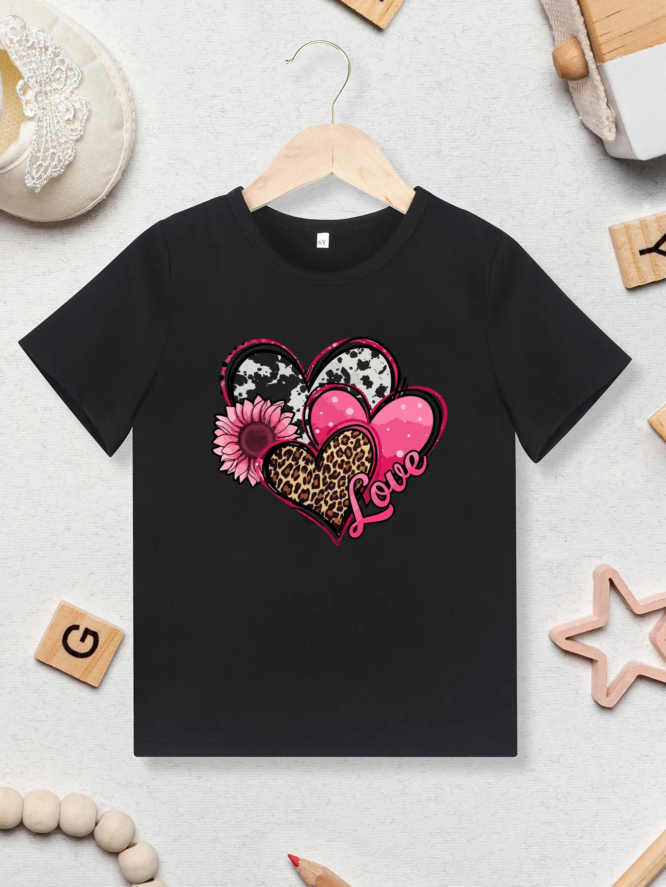 Girls Leopard Heart Graphic Short Sleeve Tee Shirt Kids T-shirt