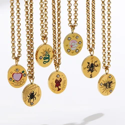 Vintage Gold Plated Oval Geometric Pendant Snake Spider Octopus Enamel Necklace for Women Stainless Steel Chain Necklaces Gift