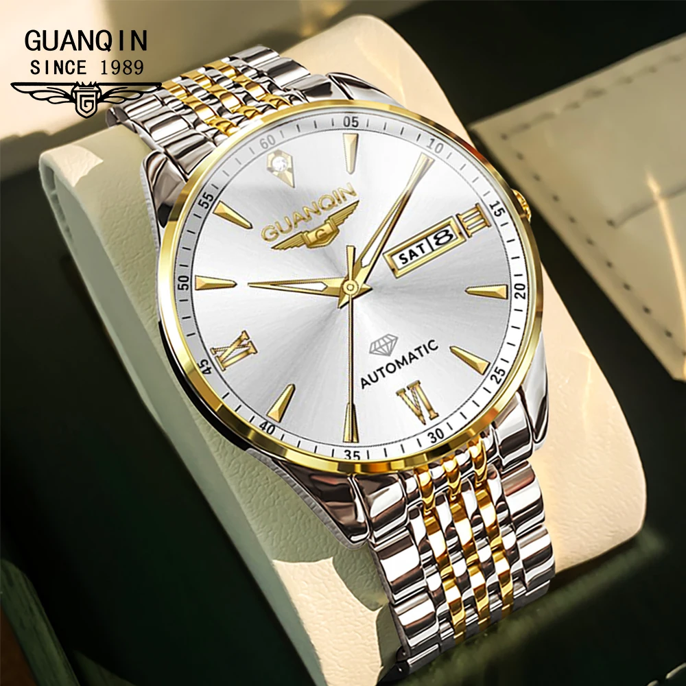 GUANQIN Men's Watches Business Fashion Fine Steel Sapphire Mirror Original Brand Automatic Mechanical Wristwatch Waterproof Date