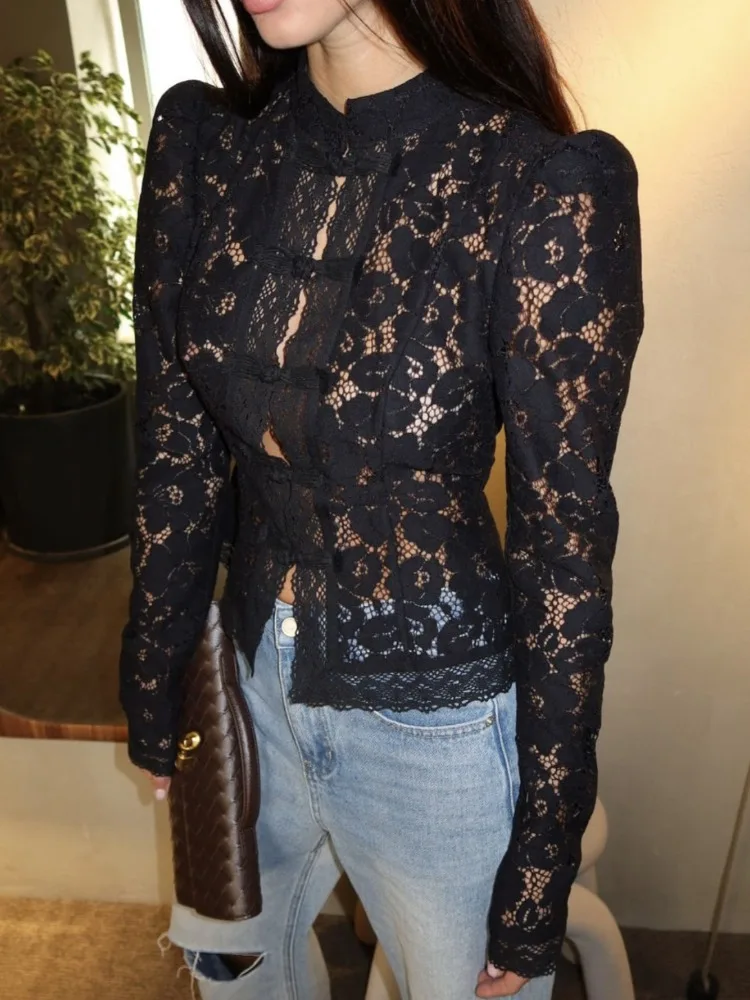 

Elegant Solid Lace Crochet Slim Women Shirt Autumn Sexy Sheer Single Breasted Long Sleeve Blouses Office Lady Casual Shirts 2025