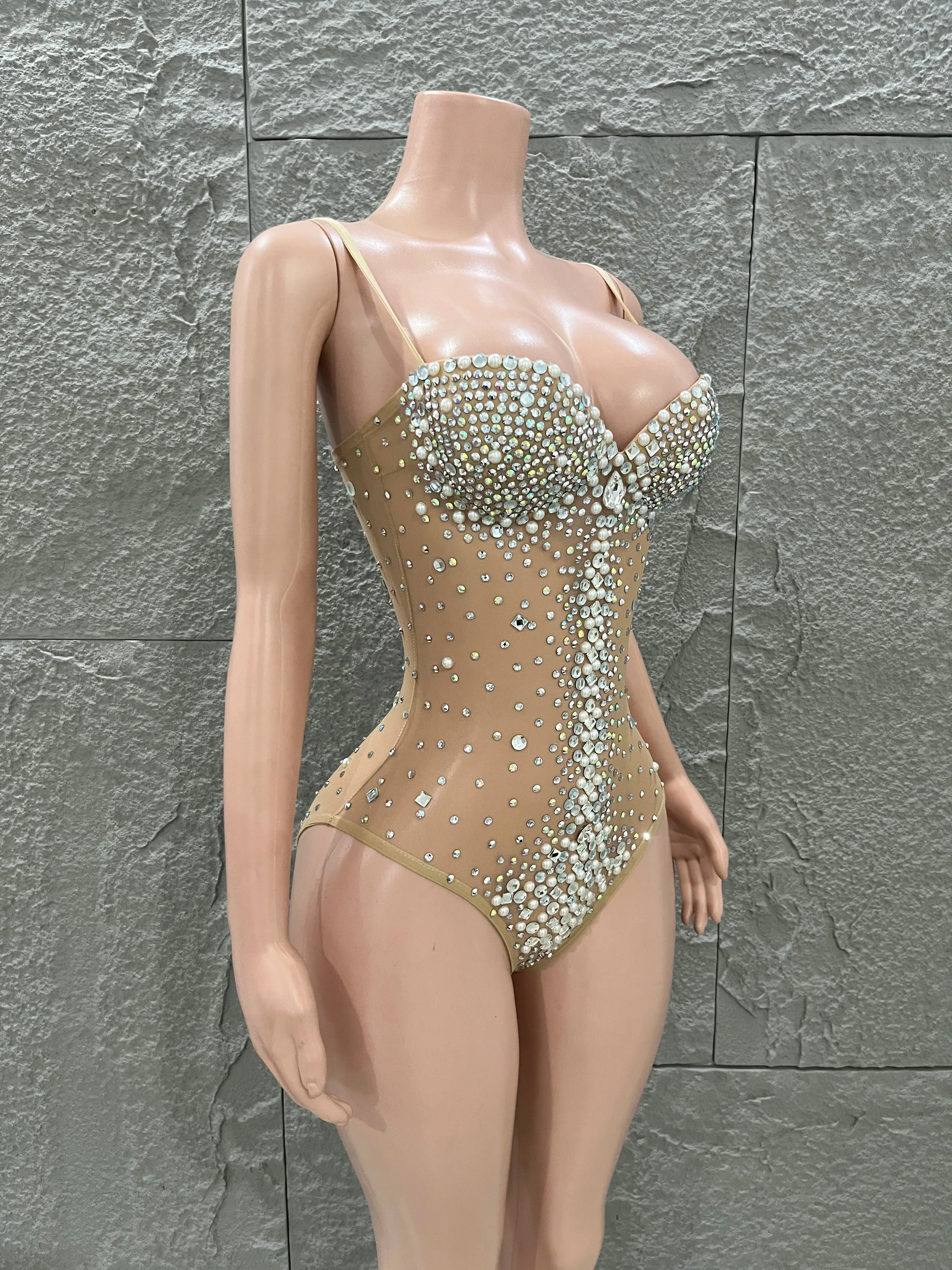 

Women's Sexy V-Neck Performance Wear Pearls Tights Bodysuit Singer Dancer Stage Nightclub Luxury Gemstones Elastic Mesh