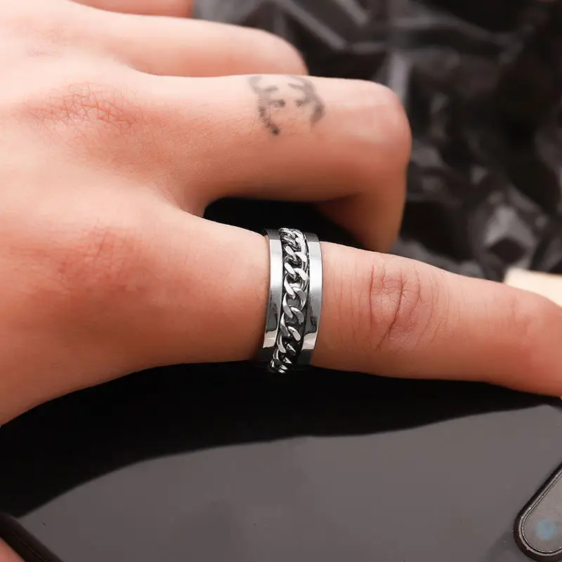 Anxiety Fidget Rings For Men Spining Titanium Stainless Steel Colorfully Spinner Rotatable Chain Jewelry Rotating Rings Men Gift