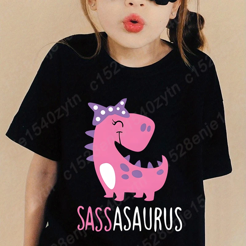 

Adorable Cartoon Sassy Dinosaur Print T-shirts For Girls Short Sleeve Regual Fit Casual Top for Holiday and Daily Wear