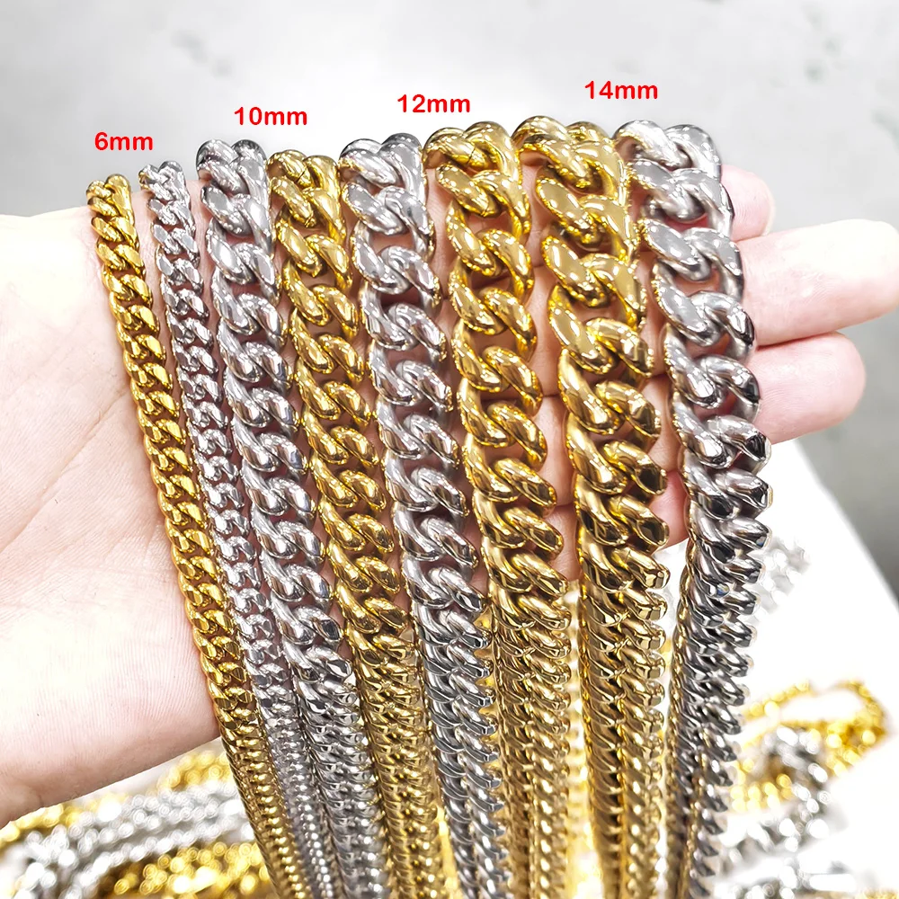 

Nuoya 6/8/10/12/14mm Width Miami Cuban Link Chain 18K Gold Plated Stainless Steel Hip Hop Rapper Chain Necklace Bracelet