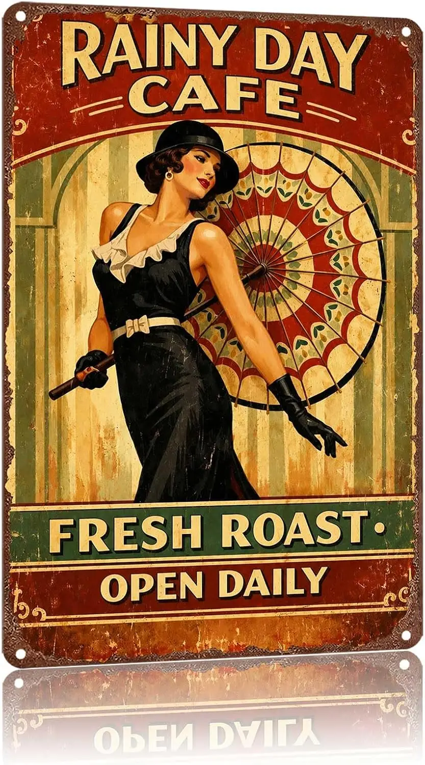Metal Sign Rainy Day Cafe Fresh Roast Coffee Vintage Pin Up Girl Wall Decor | Classic  ,Retro,Waterproof Aluminum,Funny,UV-print