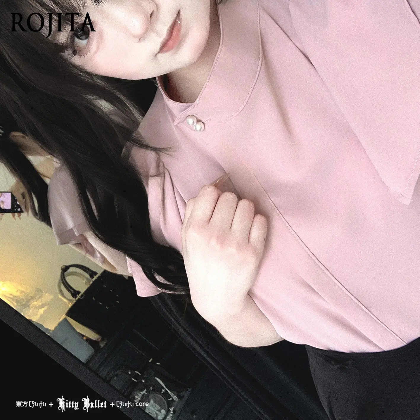 

Ruffle Sleeve Blouse Elegant Mandarin Collar Short Sleeve Shirt with Pearl Buttons Solid Color Chiffon Top for Women