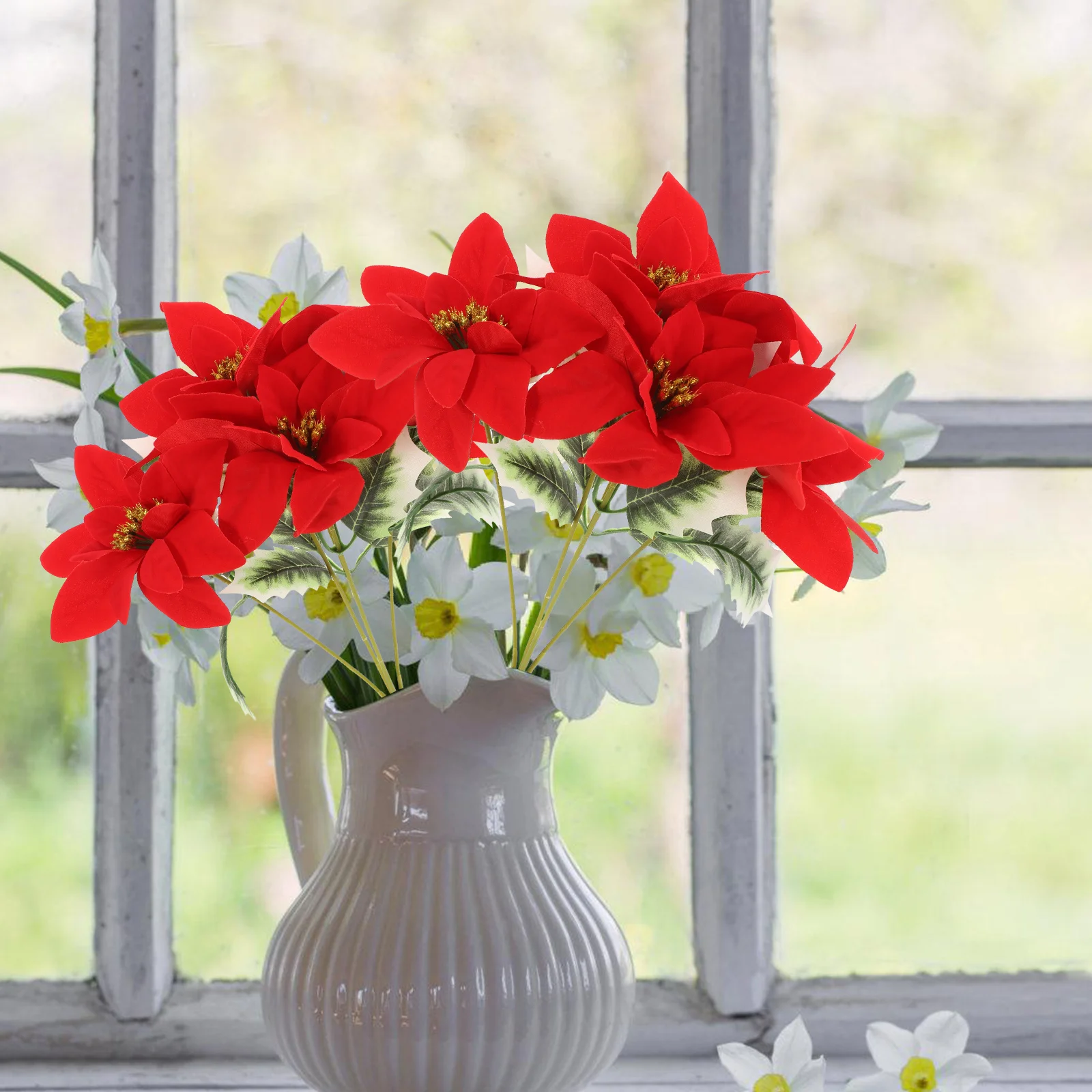 4 pezzi di bouquet natalizio fiori di stella di Natale piante artificiali in vaso di stoffa finta natalizia per steli di vasi