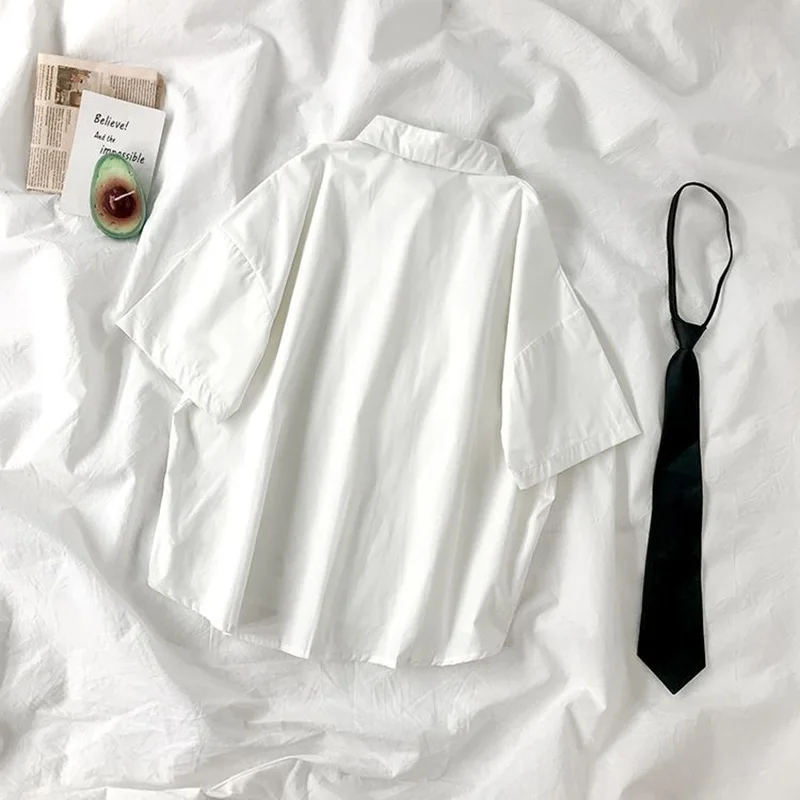 DAYIFUN 2023 White Shirt Women Blusas Short Sleeve Lapel Blouse with Tie Japanese Fashion Student Summer Daily College Style Top