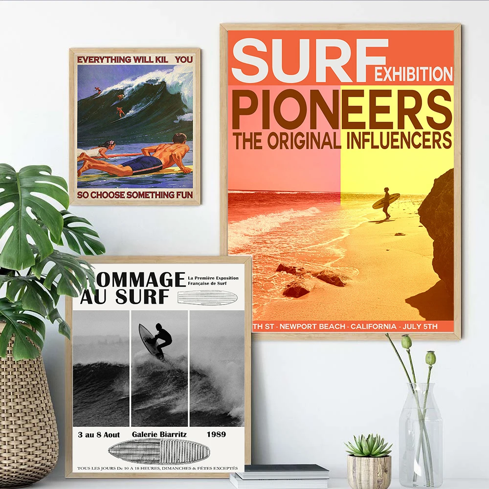 Surfing Exhibition Poster Biarritz Wall Art Black White Canvas Painting Surf Beach Prints Nordic Wall Pictures Living Room Decor